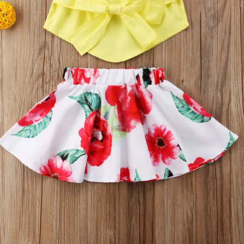 Летние топы с короткими рукавами и бантом юбка цветочным рисунком милый комплект