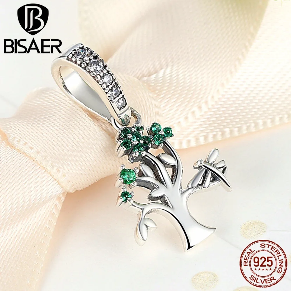BISAER, 925 пробы, серебро, зеленый циркон, древо жизни, подвеска, талисманы, подходят для женщин, очаровательные браслеты, серебряные бусы, изготовление ювелирных изделий ECC117