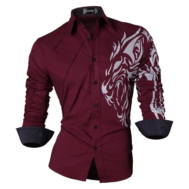 JZS045-WineRed Sportrendy Мужская рубашка платье повседневное с длинным рукавом Slim Fit Мода Дракон стильный JZS041 - Цвет: JZS045-WineRed