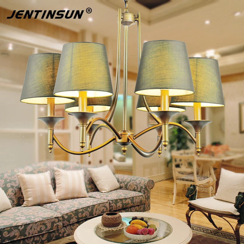 Новинка 2017 года ретро металл железо Люстры LED Ткань Абажур Висит Освещение Медь