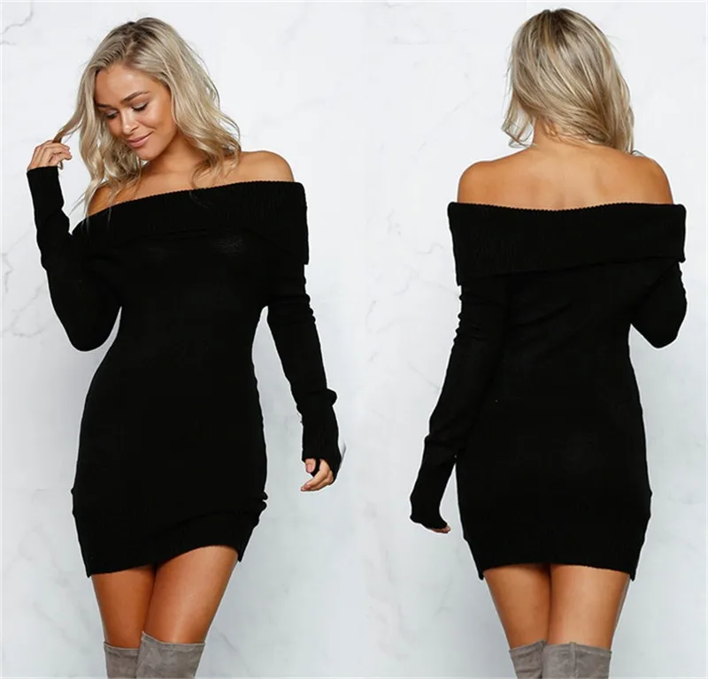 Новое поступление зимнее трикотажное облегающее платье с открытыми плечами