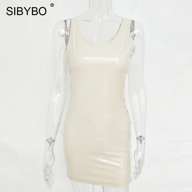 SIBYBO, сексуальное летнее женское платье из искусственной кожи, новинка, модное мини платье на бретелях без рукавов с круглым вырезом, Клубные вечерние платья, короткие