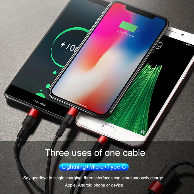 НОСО автомобильное зарядное устройство 3 в 1 USB кабель для передачи данных iPhone X 8 7 6