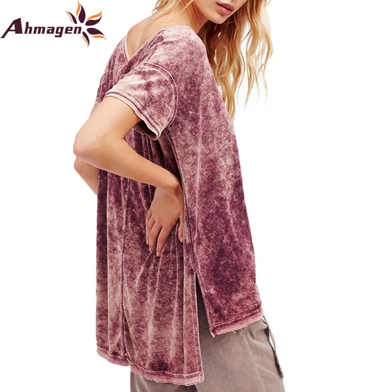 Ahmagen Женщины Негабаритных Бархат Футболка Vintage Твердые Коротким Рукавом O Шея