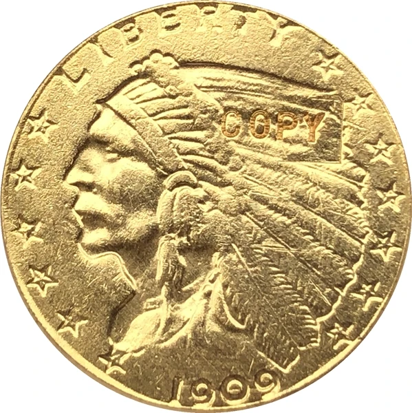 Позолоченная индийская монета с изображением орла 24 К 1909 $2 5 бесплатная