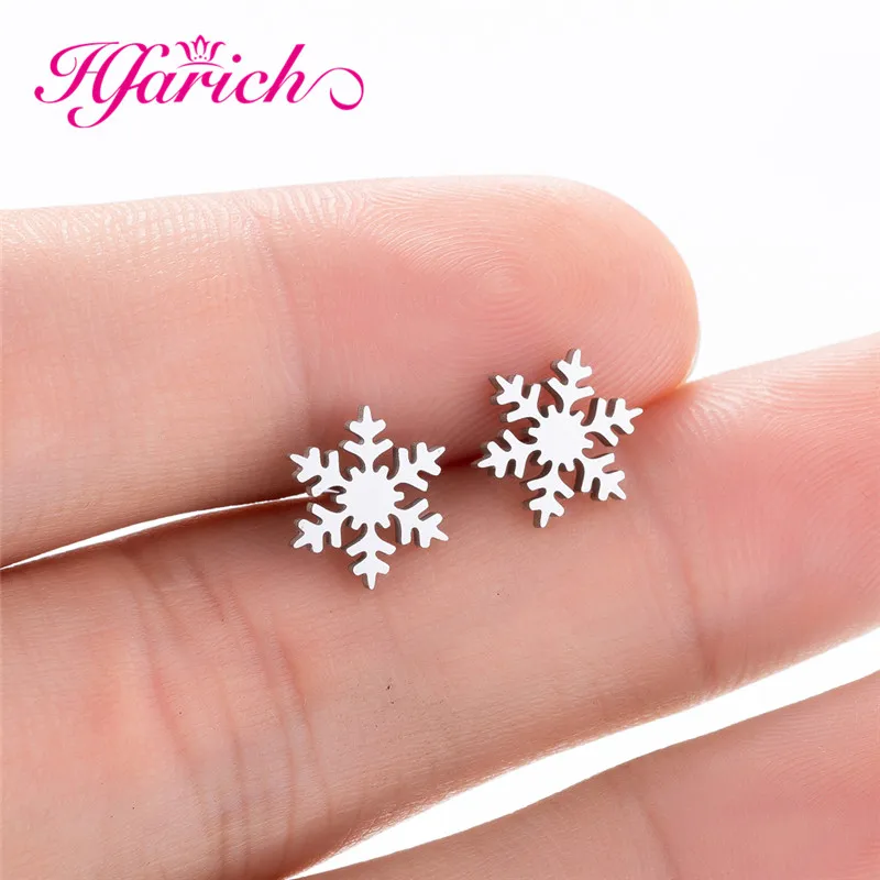 Hfarich Fashion Snowflake Earring Small Stainless Steel Flower Ear Earrings Piercing Christmas Jewelry New Year's Gift | Украшения и