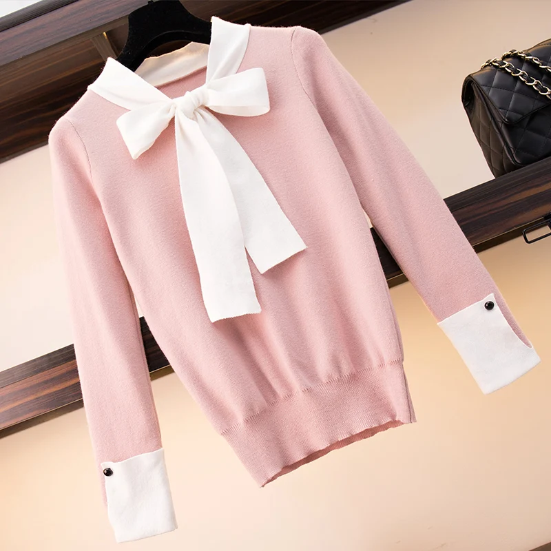 HAMALIEL Sweet Spring Women Sweater Skirt Suits Pink Bowknot Hit Color Knitted Thin Tops And Short Tweed Plaid Skirt Sets