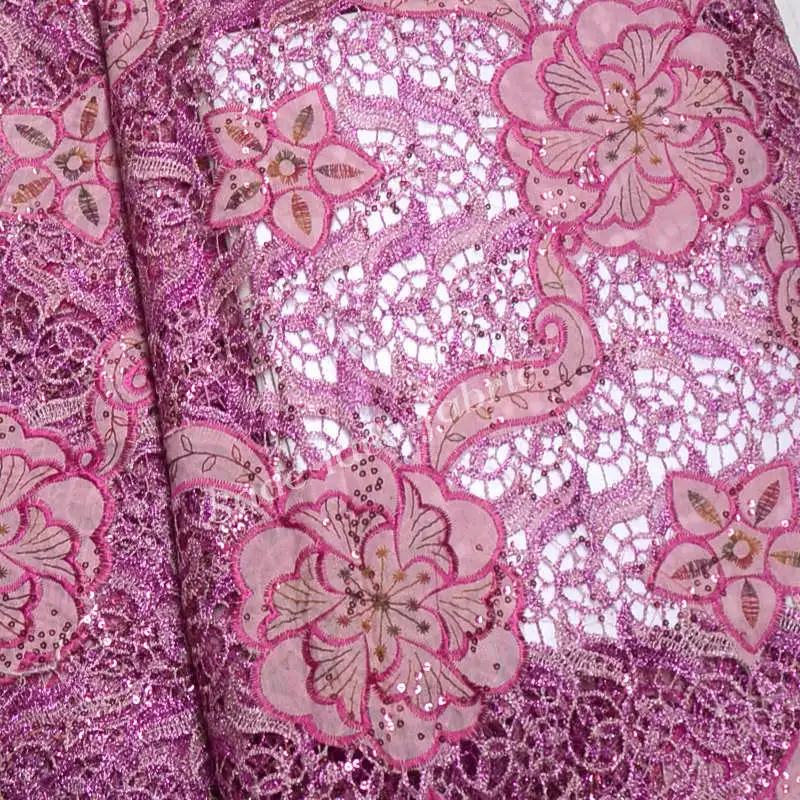 beautiful pink french lace guipure cord fabric mix swiss cotton fabrics with sequins for wedding QG628 | Дом и сад