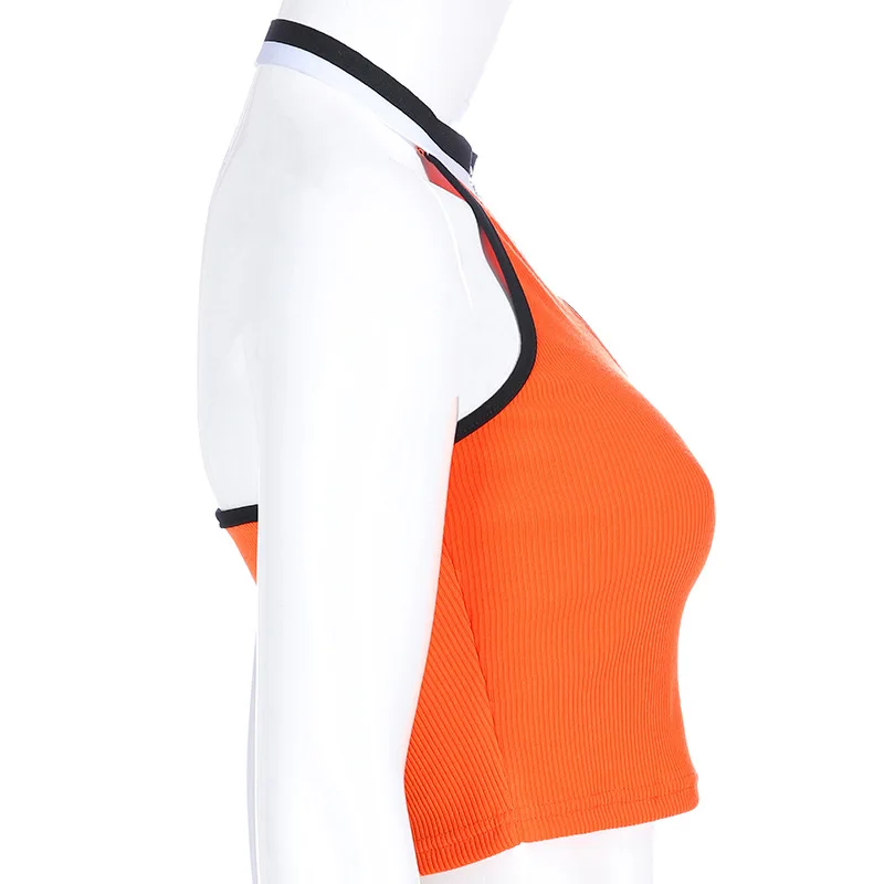 Женский укороченный топ без рукавов оранжевое на молнии повседневный в стиле