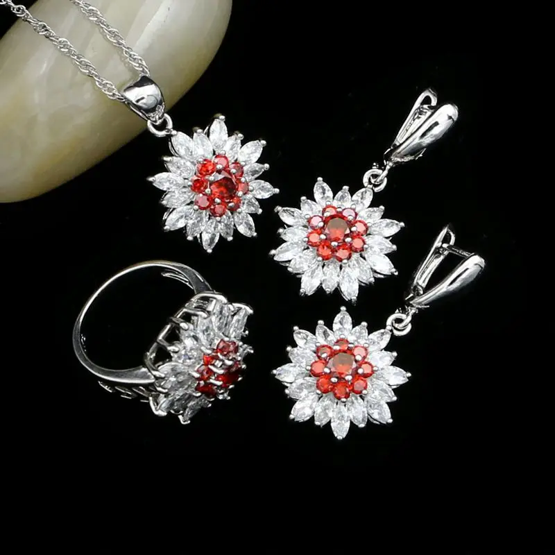 925 Sterling Silver Bridal Jewelry Sets For Women Red Cubic Zirconia White Crystal Drop Earrings/Pendant/Necklace/Ring | Украшения и