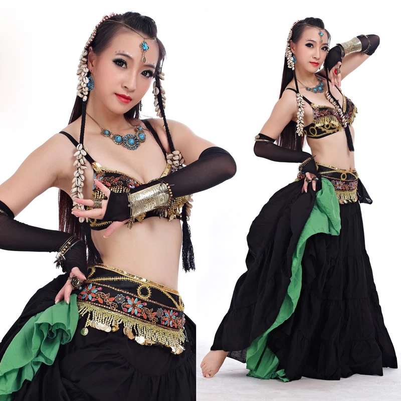 

Lady women Tribal Belly Dance Clothes for Women 4 Pieces Outfit Set Antique Bronze Beads Bra Belt Skirts Gypsy Dance Costumes