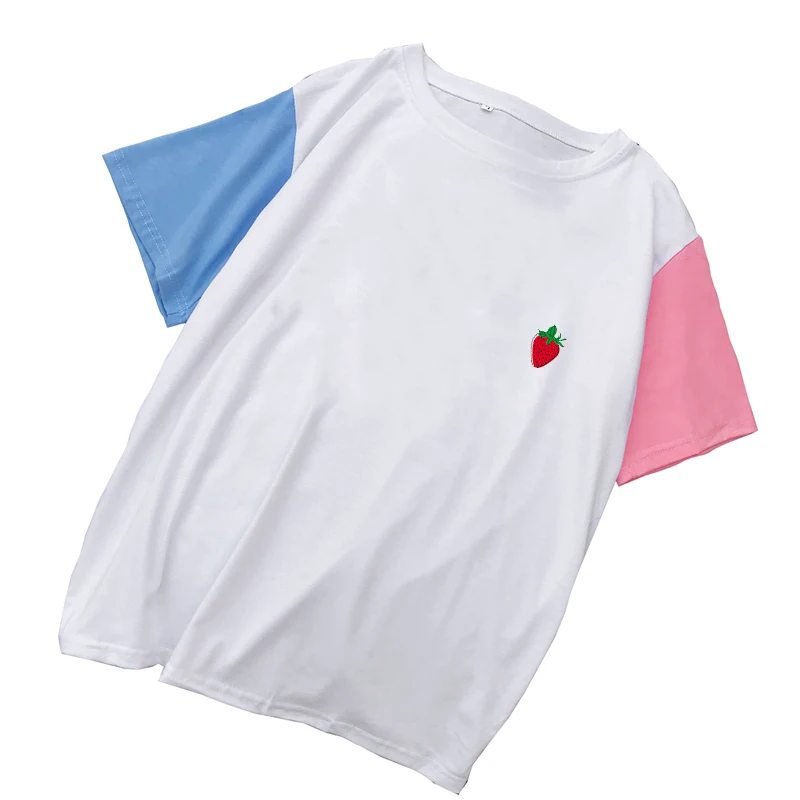 

Summer Women T Shirt Fashion Multicolor Splicing Harajuku Girls Lovely Kawaii Strawberry Print Short Sleeve All-Match Cotton Top