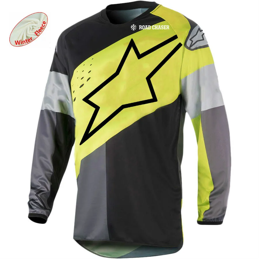 Мужские зимние теплые флисовые Футболки с длинным рукавом MTB, Майки для мотокросса и горного велосипеда, футболки со звездами