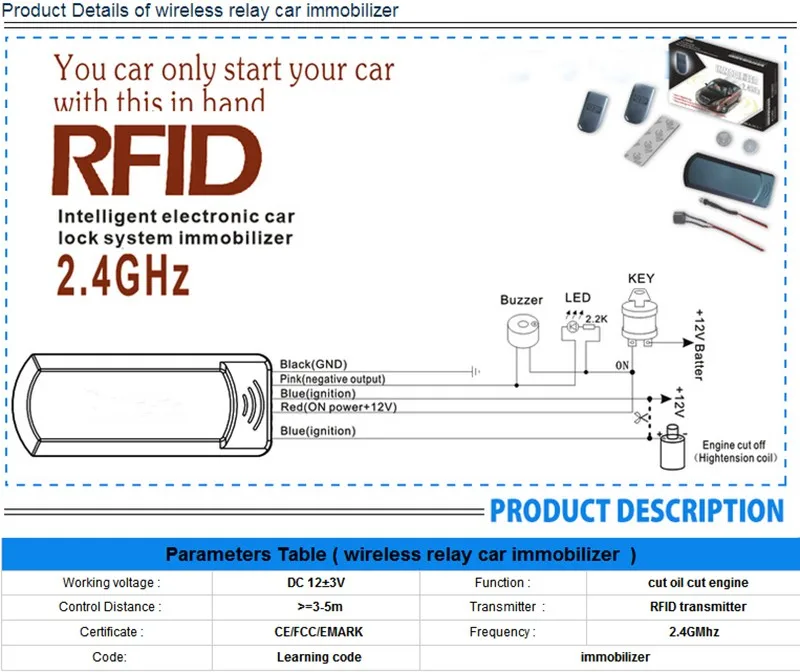 Английская версия RFID 2,4 ГГц беспроводной автомобильный иммобилайзер анти-угон ВКЛ и ВЫКЛ интеллектуальный анти-угон