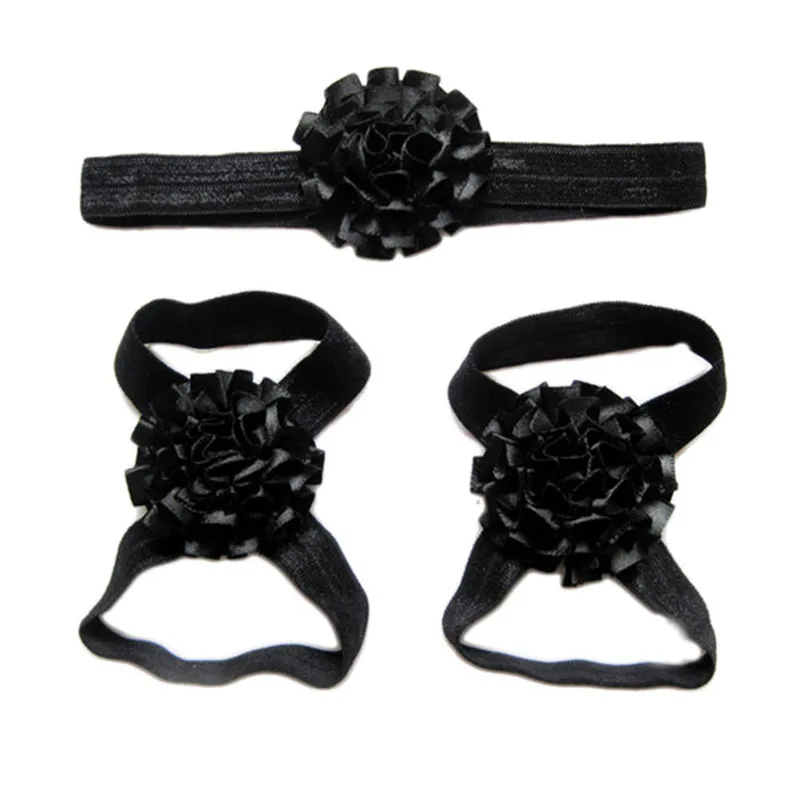 Black ROMIRUS/Детские однотонные сандалии с цветочным рисунком; обувь для новорожденных девочек; обувь для малышей; аксессуары для ног; комплект с повязкой на голову - Цвет: Black