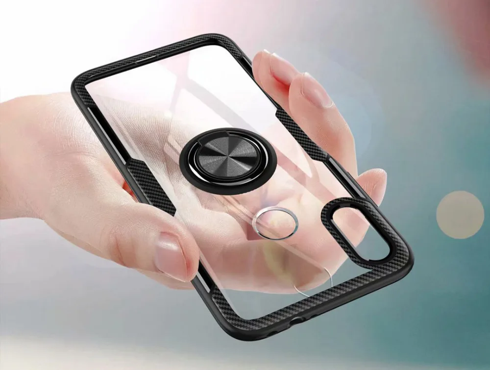 Прозрачный нескользящий чехол из углеродного волокна с металлическим кольцом на