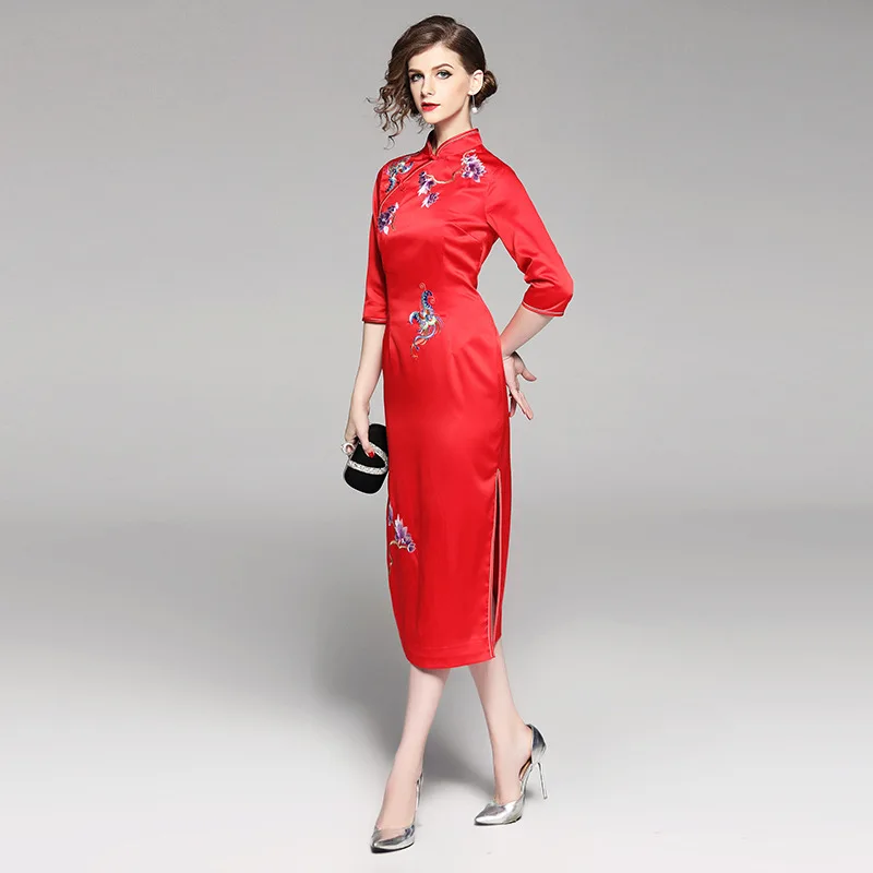 Женское платье Чонсам с винтажной вышивкой весеннее облегающее воротником
