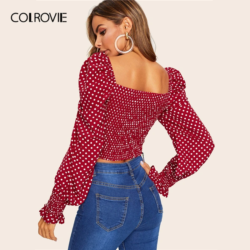 COLROVIE, красная гофрированная деталь, узор в горошек, Boho, короткая блузка, рубашка для женщин,, милая, длинный рукав, для отдыха, Женские топы и блузки