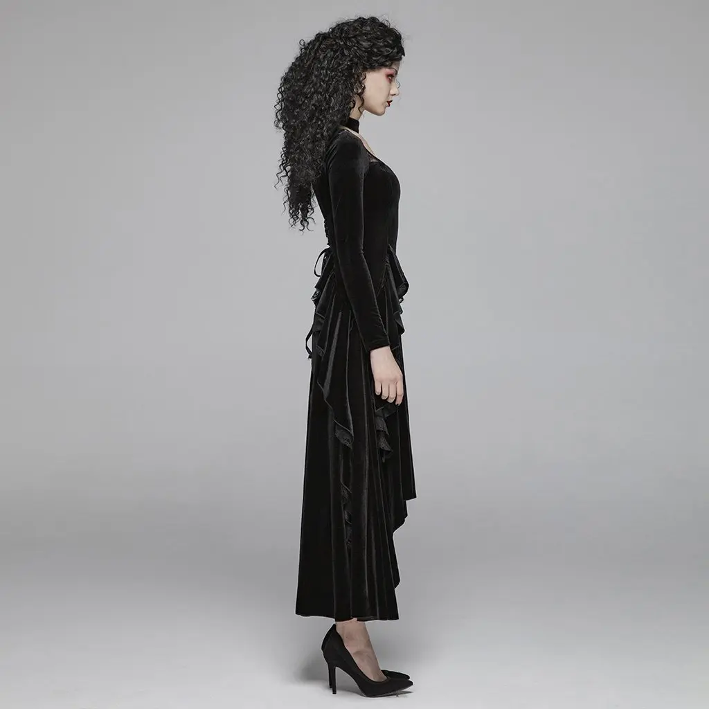 Женское вельветовое платье макси в стиле панк с длинными рукавами и рюшами Goth