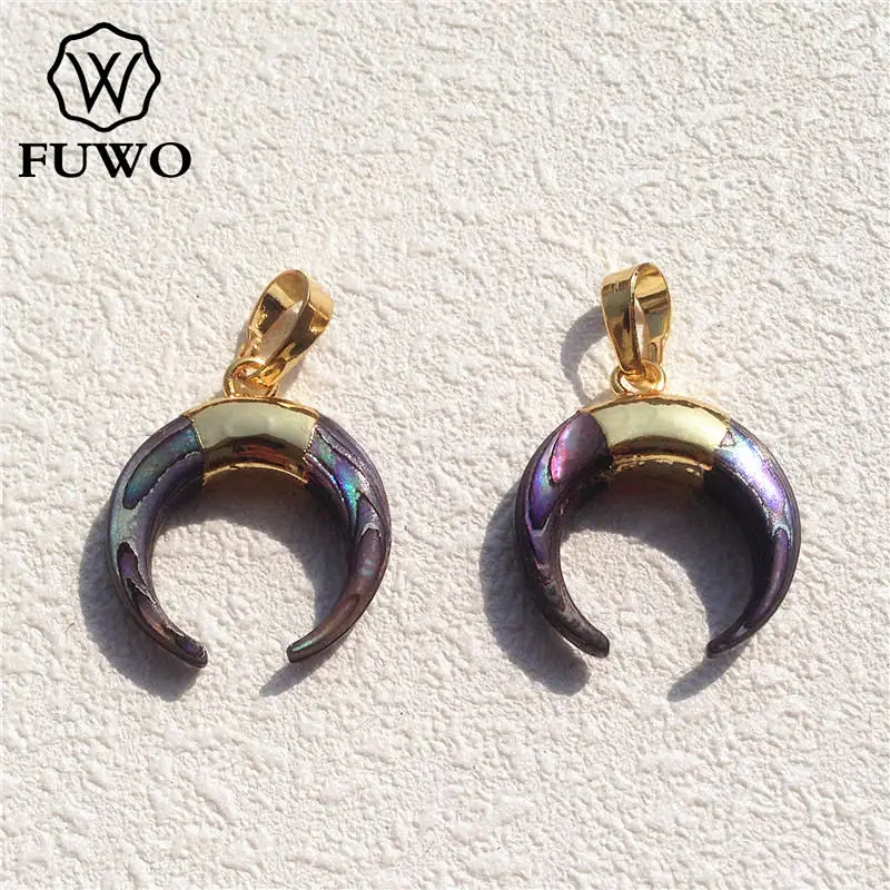 FUWO Natural Abalone Shell Crescent Moon Pendant 24K Gold Electroplated Brass Edging Unique Double Horn Jewelry Wholesale PD523