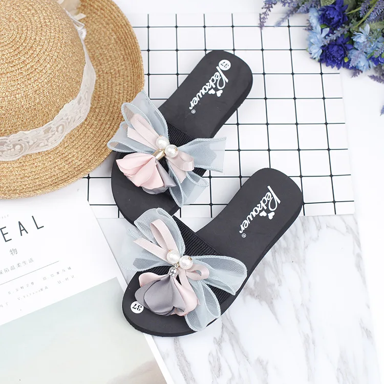Красивые сандалии с бантом на шнурках женские дизайнерские шлепанцы цветами