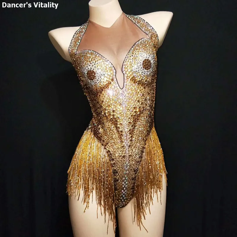 

Стразы кисточки стрейч женская песня Подиум Шоу Dj Ds комбинезон для латиноамериканских танцев искусственное мясо танцевальное сценическое ...