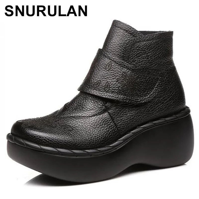 

SNURULAN Women Leather Ankle Boots Embroidery 6 CM High Heels Chelsea Boots Retro Handmade Women Leather Boots Spring Shoes