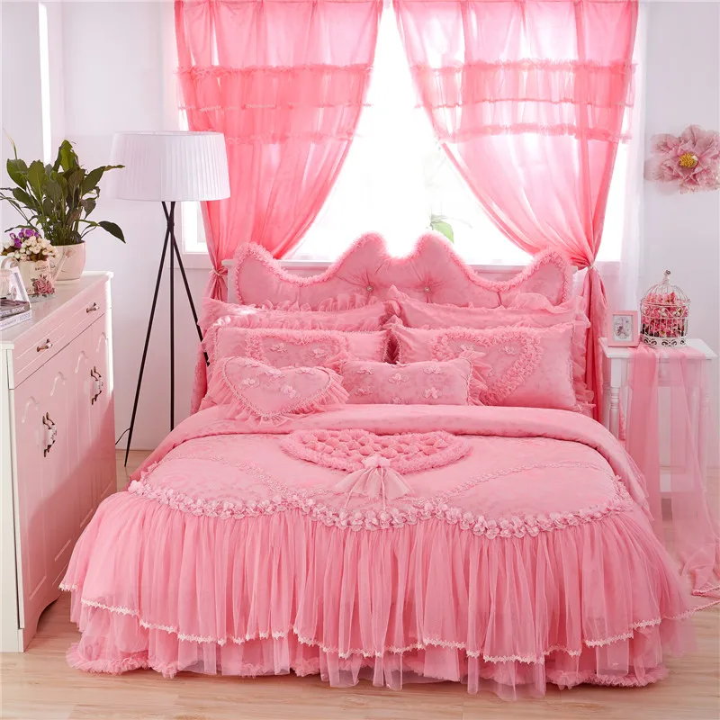 

Luxury Wedding Bedding Set Lace Stain Cotton Fabric King Queen Twin size Girls Princess Bed skirt set Duvet Cover Pillow 36