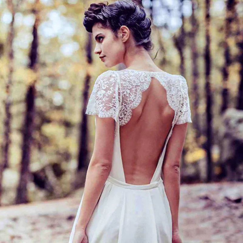 Новый Урожай V Шеи Свадебные Платья С Длинным Boho Шифон Пляж Кружева Cap Рукавом