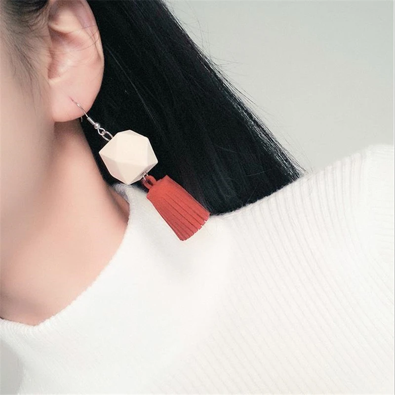 Doreen Box Wood Fashion Women Drop Earrings New Design Geometric Multi-faceted Velvet Tassels Hook Jewelry 1 Pair | Украшения и