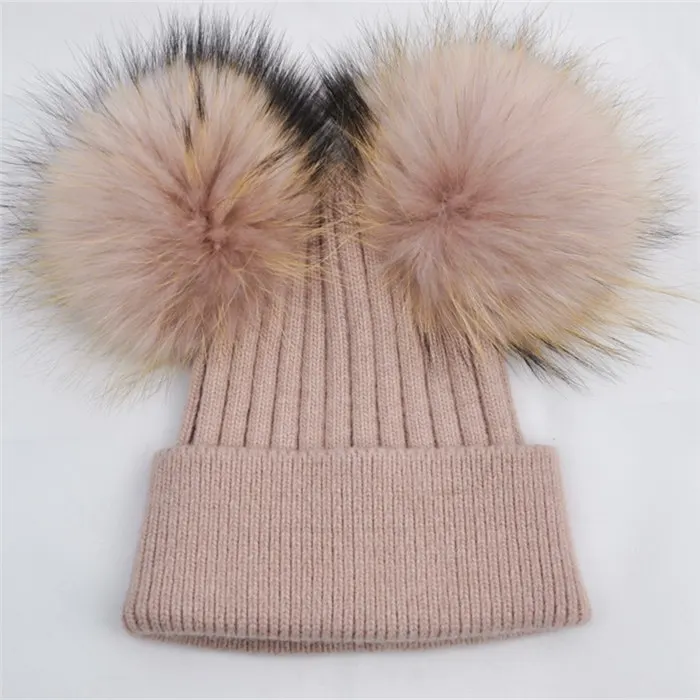 Pink match fur Женская зимняя модная меховая шапка с помпоном для девочек, Вязаная Шапка-бини для взрослых, вязаная шерстяная шапка с двумя помпонами - Цвет: Pink match fur