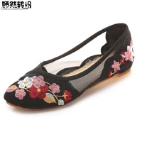 chinese summer women flats pointed toe gauze breathable mesh floral embroidery soft ballerina shoes woman zapatos mujer casual