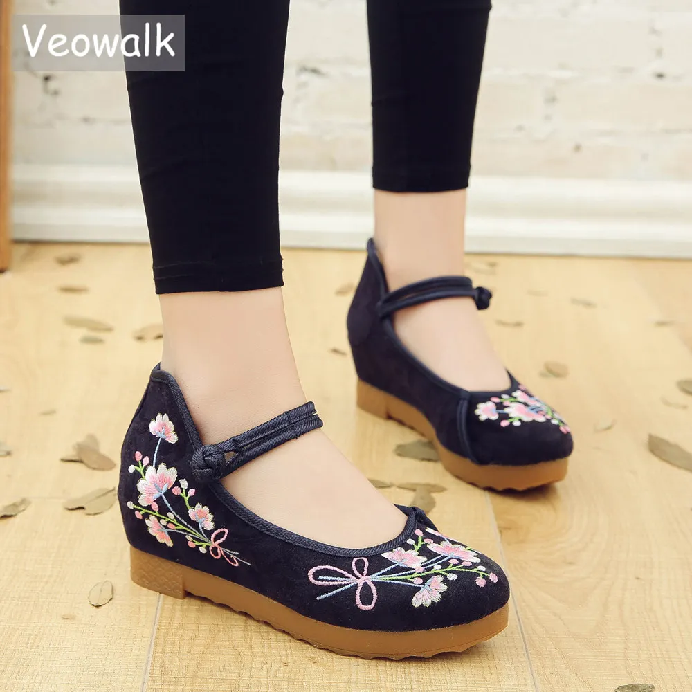 Veowalk New Women Cotton Fabric Embroidered Flat Platform Ankle Strap Thick Bottom Ladies Soft Comfortable Embroidery Shoes | Обувь