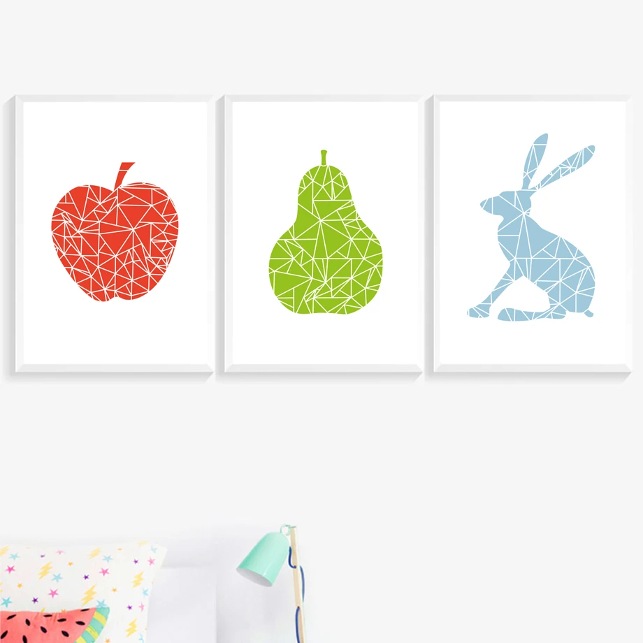 

Cartoon Geometry Pear Apple Rabbit Wall Art Canvas Painting Nordic Posters And Prints Wall Pictures For Living Room Quadro Decor