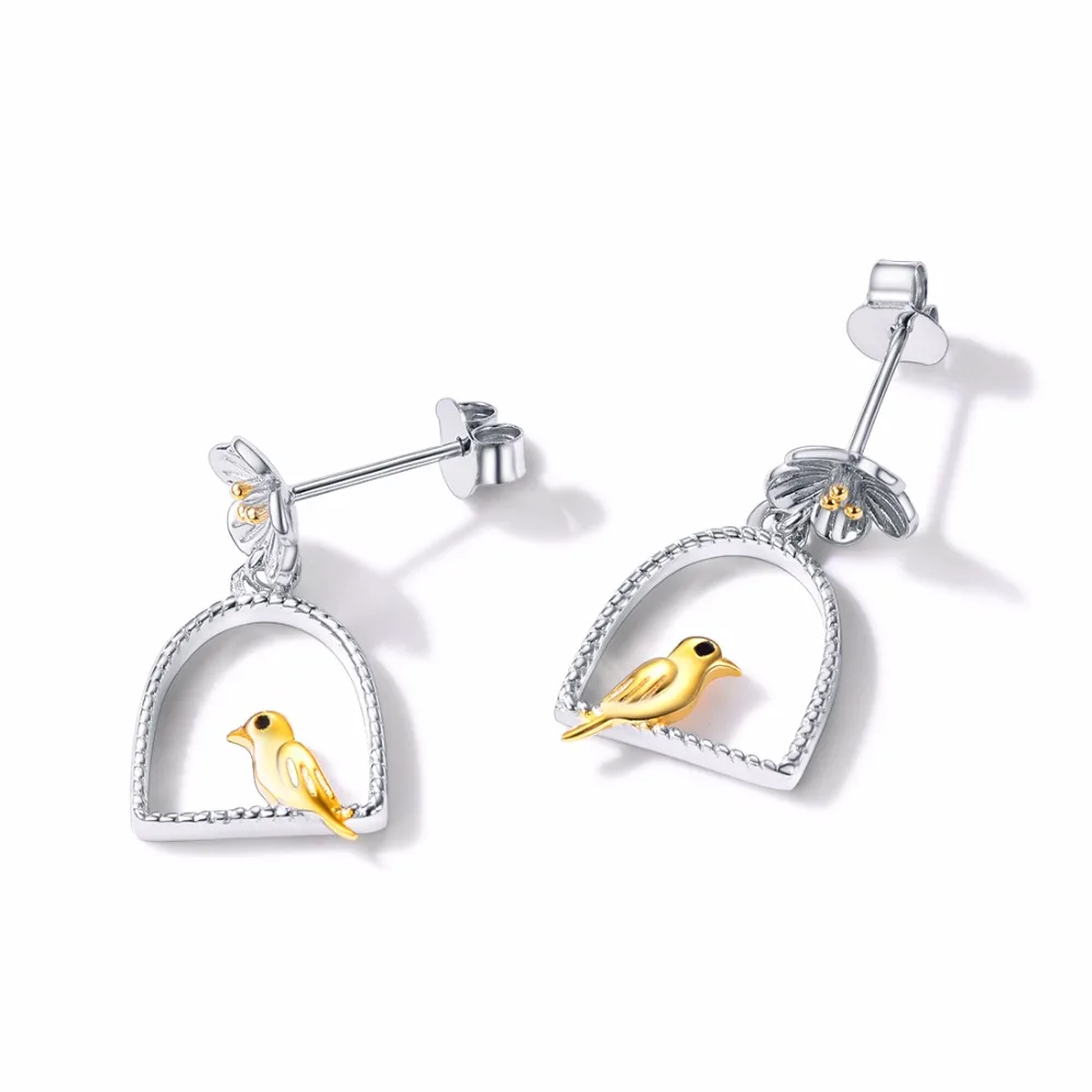 SILVERCUTE 925 стерлингового серебра птица Висячие серьги в саду два тона тонкие