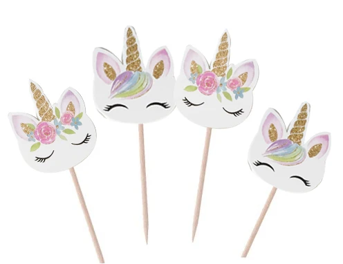 

24 piezas unicornio Cupcake Toppers fiesta suministros pastel decoración tarjeta levantar a los niños fiesta de cumpleaños