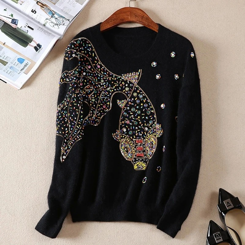Women Fashion Pullover Autumn 2017 Female Winter Cotton Sweater Manual Diamonds Beaded Sequins Pearl Ladies Goldfish Casual Tops | Женская