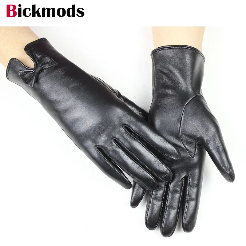 Bow style Женские перчатки из овечьей кожи, новинка, модные, с бантом, с бархатной подкладкой, толстые, Осенние, теплые, женские перчатки - Цвет: Bow style