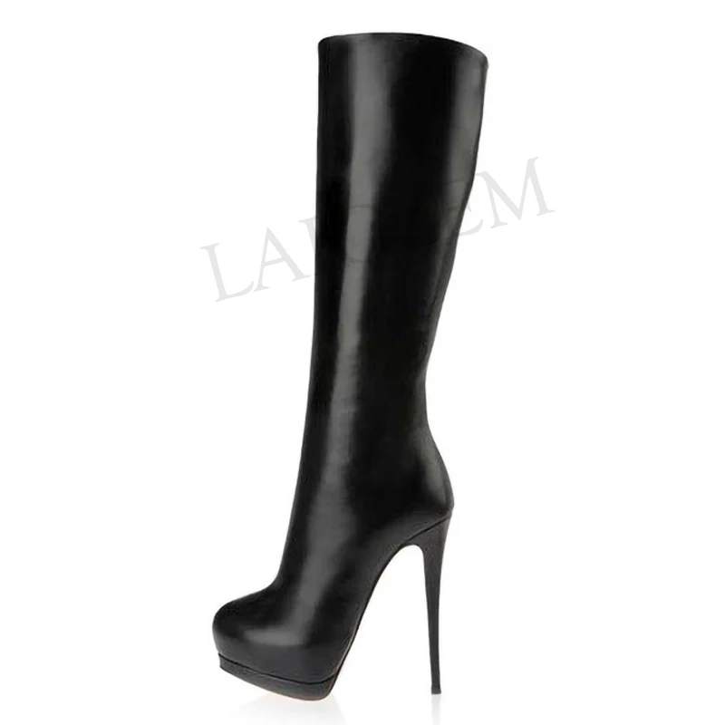 LAIGZEM Classic Women's Black Stiletto Heels Knee High Platform Boots Side Zip Heels Boots Custom Botines Mujer Big Size 34-52