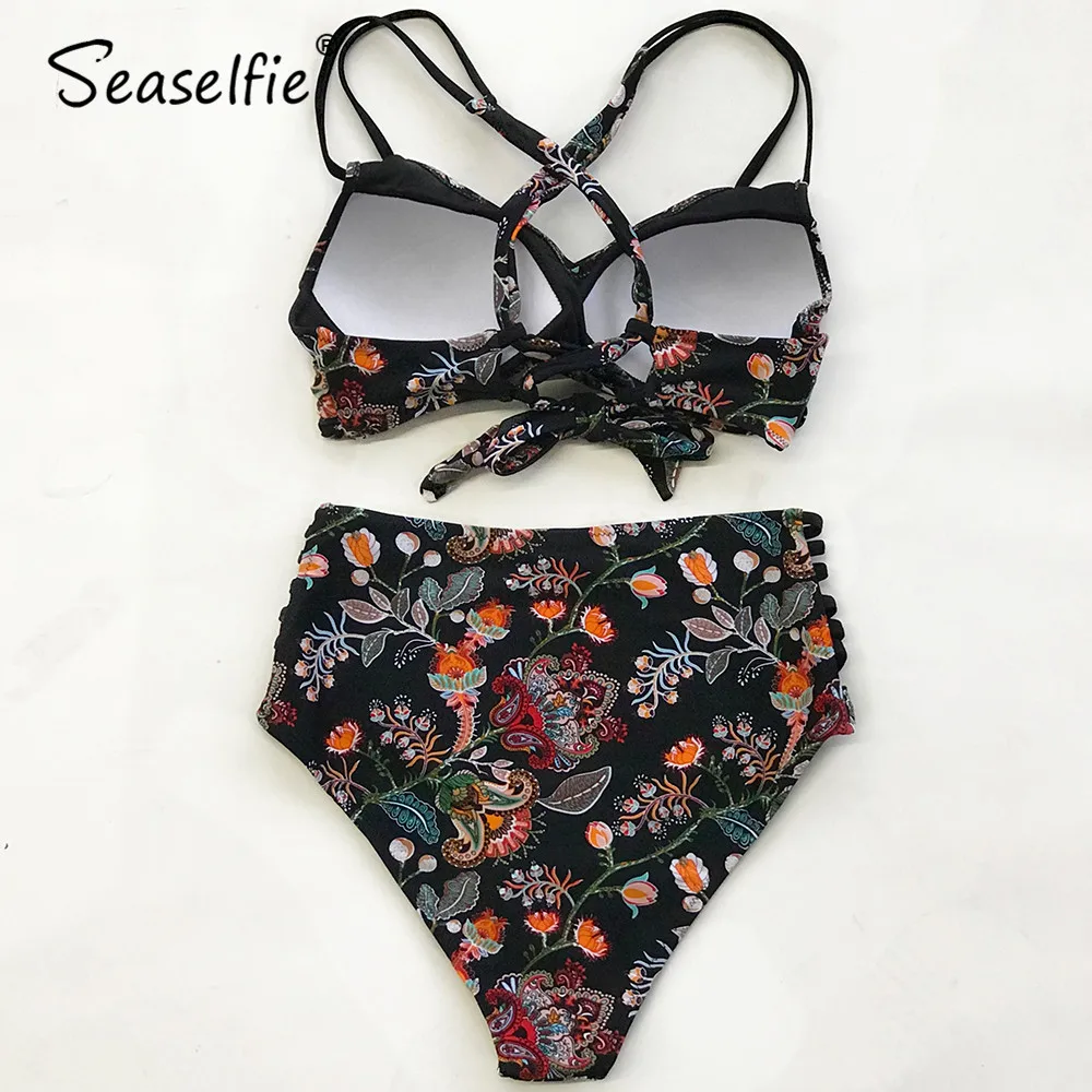 SEASELFIE, Boho, с принтом, Крест Спереди, бикини, наборы,, для женщин, сексуальные, на шнуровке, с высокой талией, с ремешками, два предмета, купальники