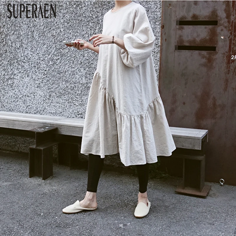 Женское платье с длинным рукавом SuperAen Повседневное из хлопка и льна весна-осень