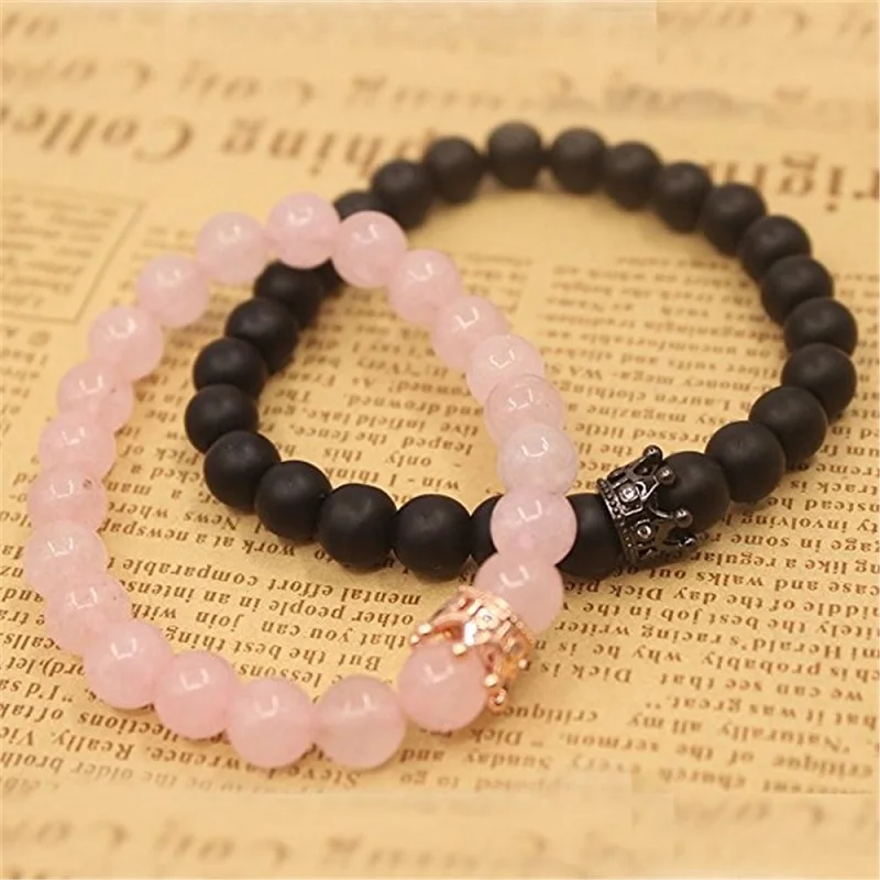 2 шт набор/пара браслет Мода натуральный камень бисер мужской Корона дамы розовый