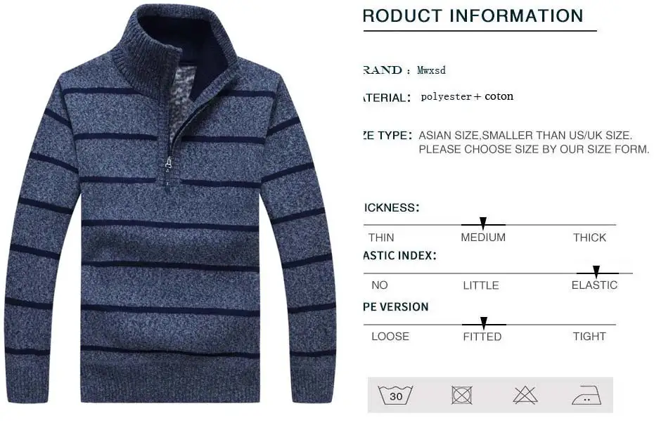 Mwxsd brand Men casual striped thick warm pullover sweater winter mens Half open collar Christmas homme pull | Мужская одежда