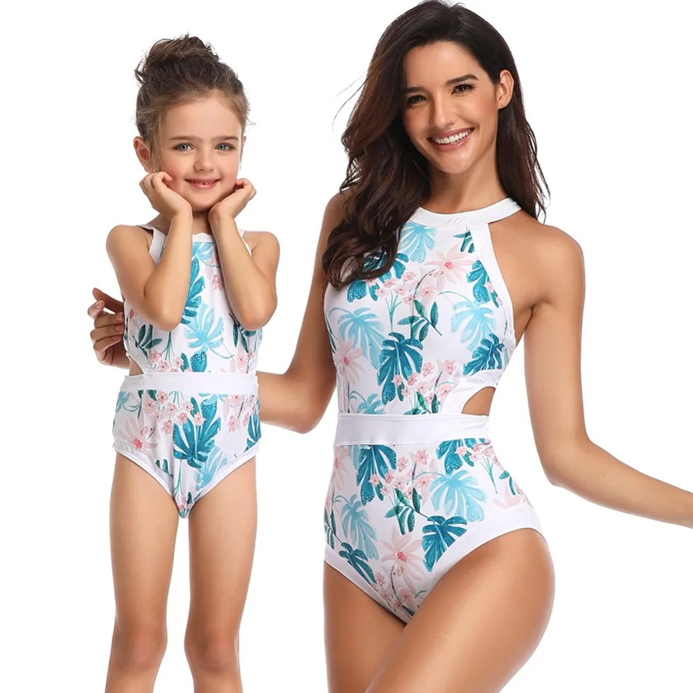 

2019 One Piece Swimsuit Female Women Vintage Swimwear Bandage Cross Back Monokini mother and daughter Family Clothes Swimsuit