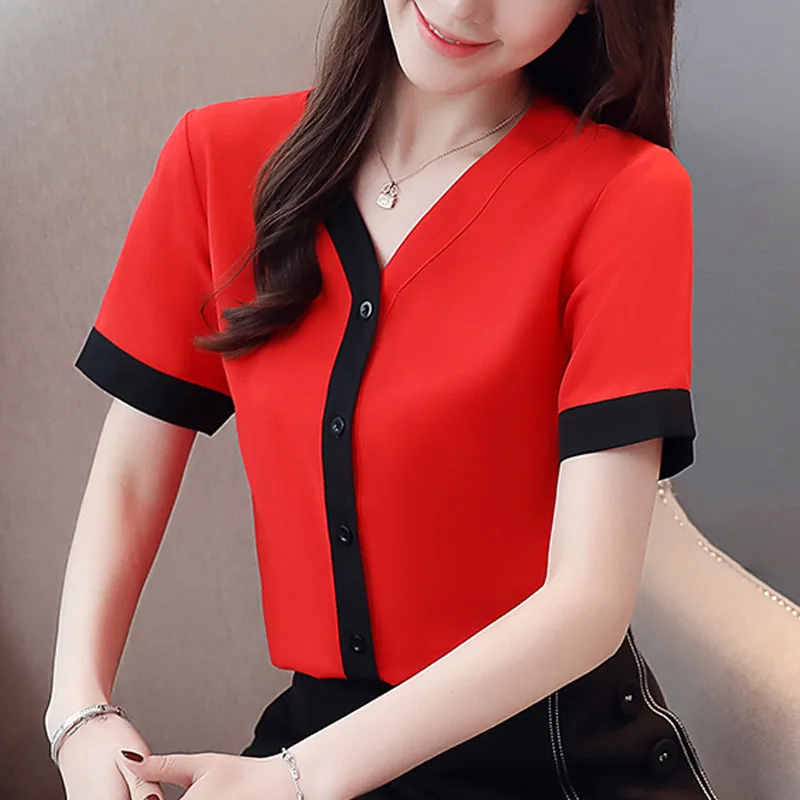 Women blouse and tops 2020 ladies white shirts chiffon button short sleeve V neck clothes 3900 50|Блузки| |