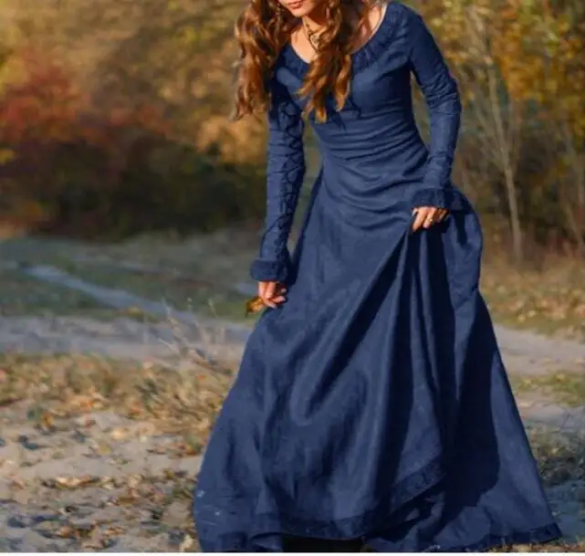 Женское винтажное платье макси с длинным рукавом и круглым вырезом|Женские