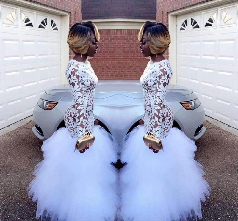 

African White Mermaid Lace Prom Dresses for Black Girls Long Sleeves Ruffles Floor Length 2020 Evening Prom Gowns Vestidos