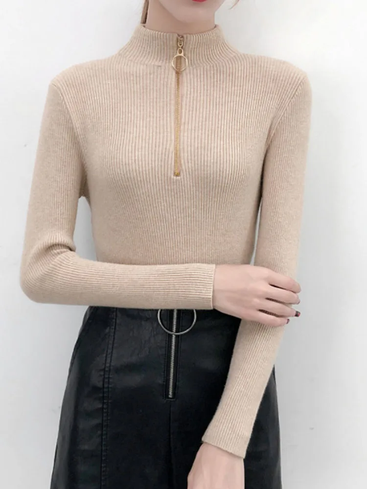 Новый осенне-зимний Повседневный свитер на молнии Женский однотонный вязаный с
