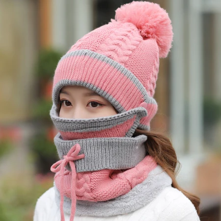 Pink HT2139 зимняя шапка и шарф для женщин Толстая теплая вязаная шапка шарф Зимний комплект 3 шт. шапочки кольцо шарф маска зимние аксессуары для женщин - Цвет: Pink