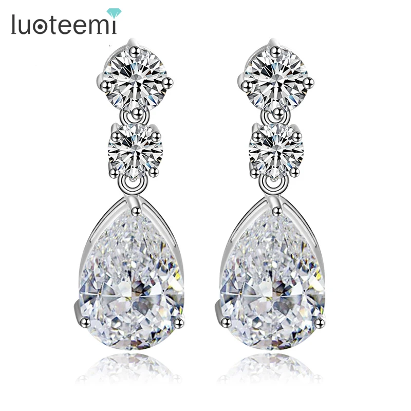 

LUOTEEMI Elegant Teardrop Shape White CZ Stone Fashion Classic Waterdrop Bridal Earrings for Lady Luxury Dinner Accessories
